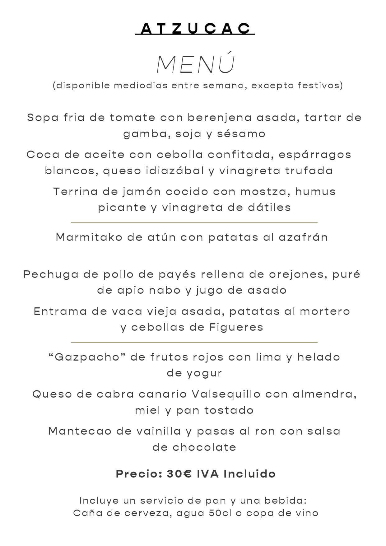Menú en castellano - Atzucac Restaurant